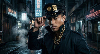 Stardust Delinquent Cosplay Cap - Iconic Anime Sailor Hat with Metallic Hand & Round Emblems, Adjustable Stand User Headwear,Noir Style Prop