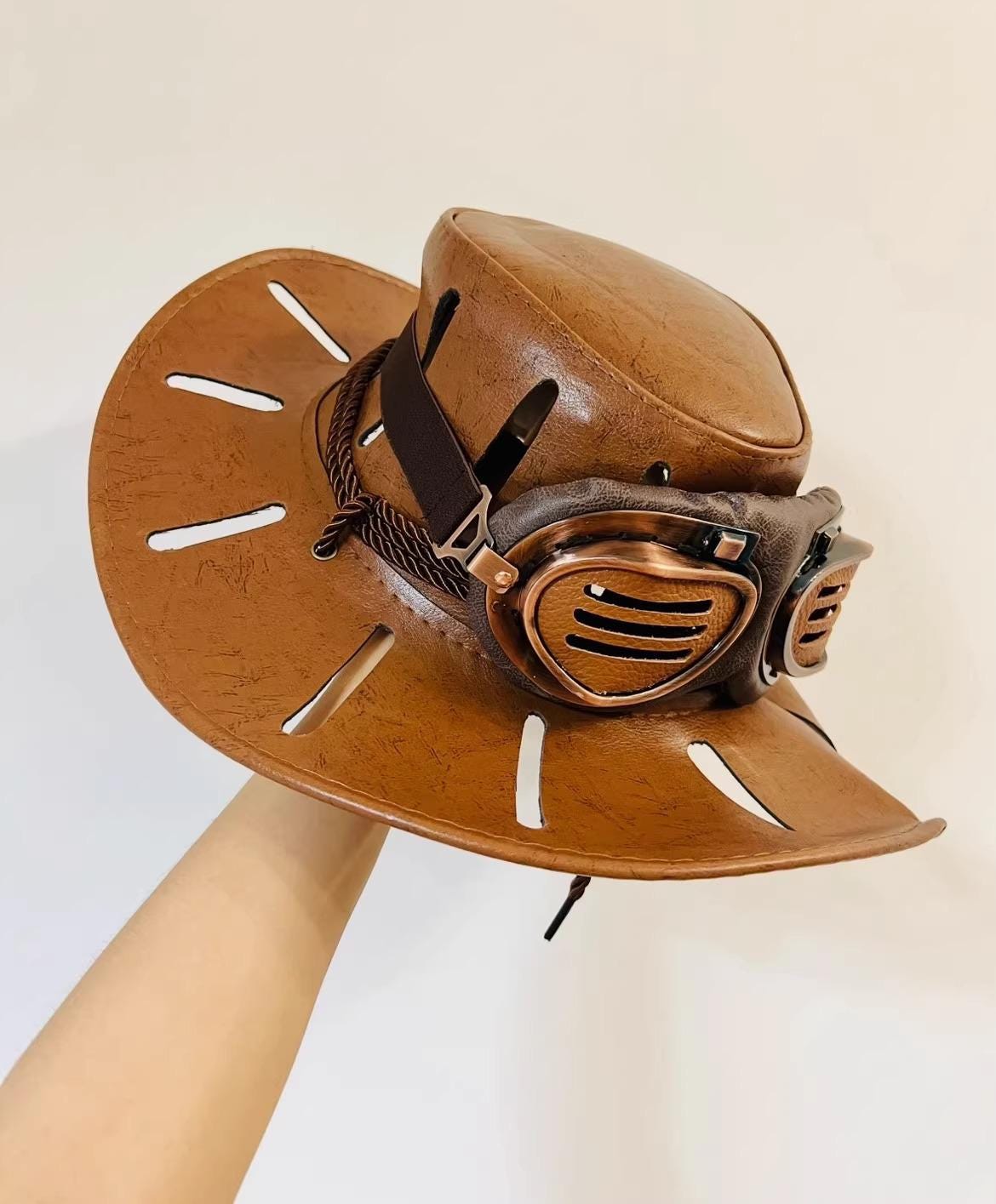CUSTOM MADE: Real Cowhide Leather Executioner’s Hat - Professional Artisan Tailoring 22-Slot Ventilated Western Hat Premium Leather Goggles
