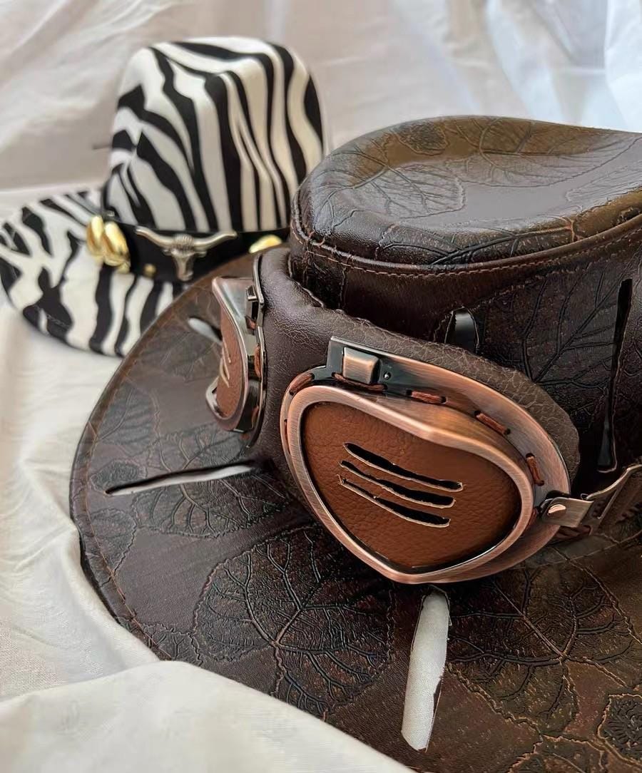CUSTOM MADE: Real Cowhide Leather Executioner’s Hat - Professional Artisan Tailoring 22-Slot Ventilated Western Hat Premium Leather Goggles