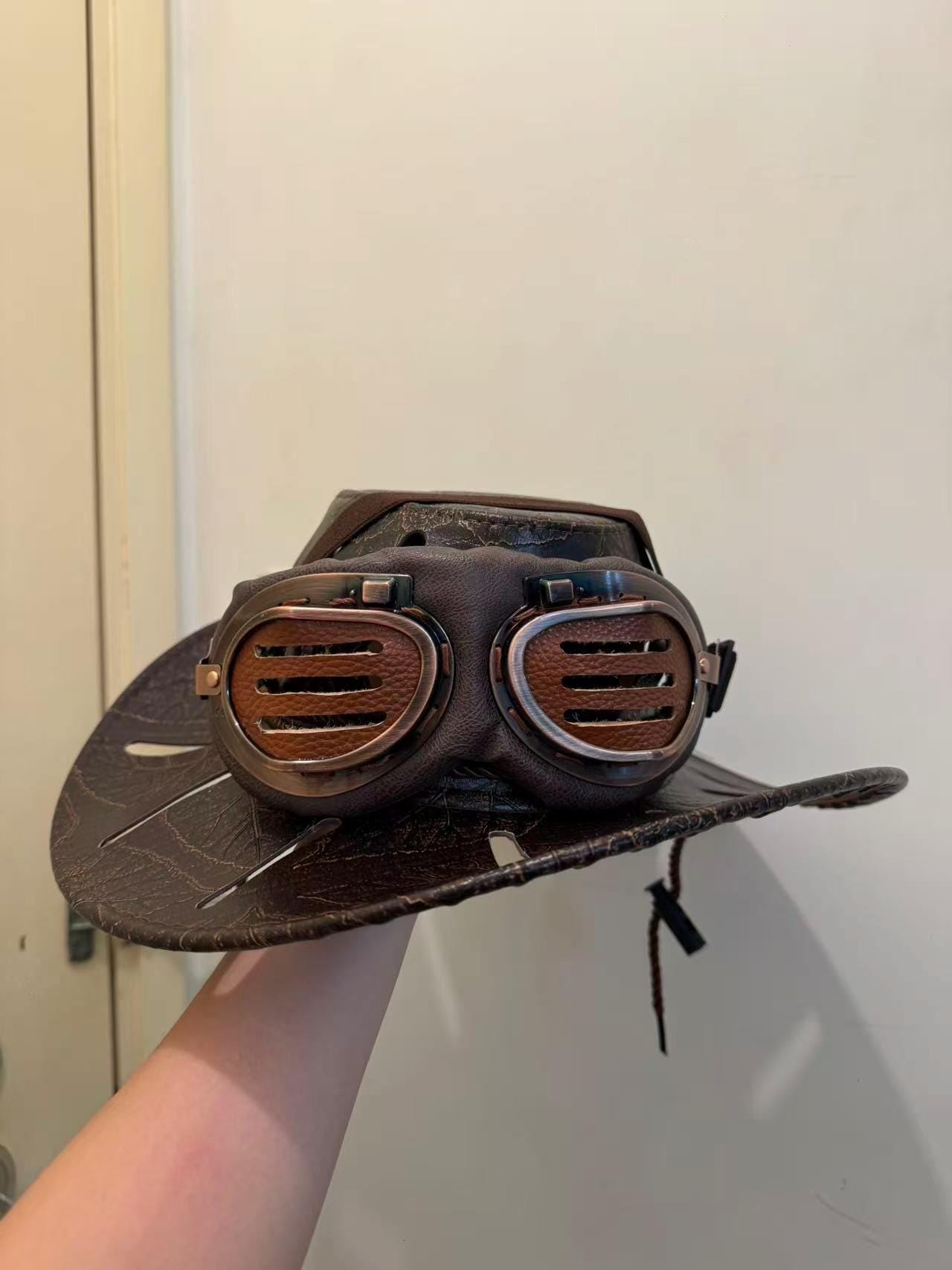 CUSTOM MADE: Real Cowhide Leather Executioner’s Hat - Professional Artisan Tailoring 22-Slot Ventilated Western Hat Premium Leather Goggles