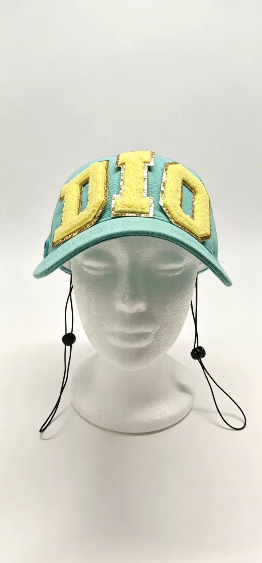 Turquoise Equestrian Jockey Cap with Gold "DIO" Lettering - SBR Inspired Cosplay Hat - Adjustable Rope Strap - Daily Wear Anime Accessory