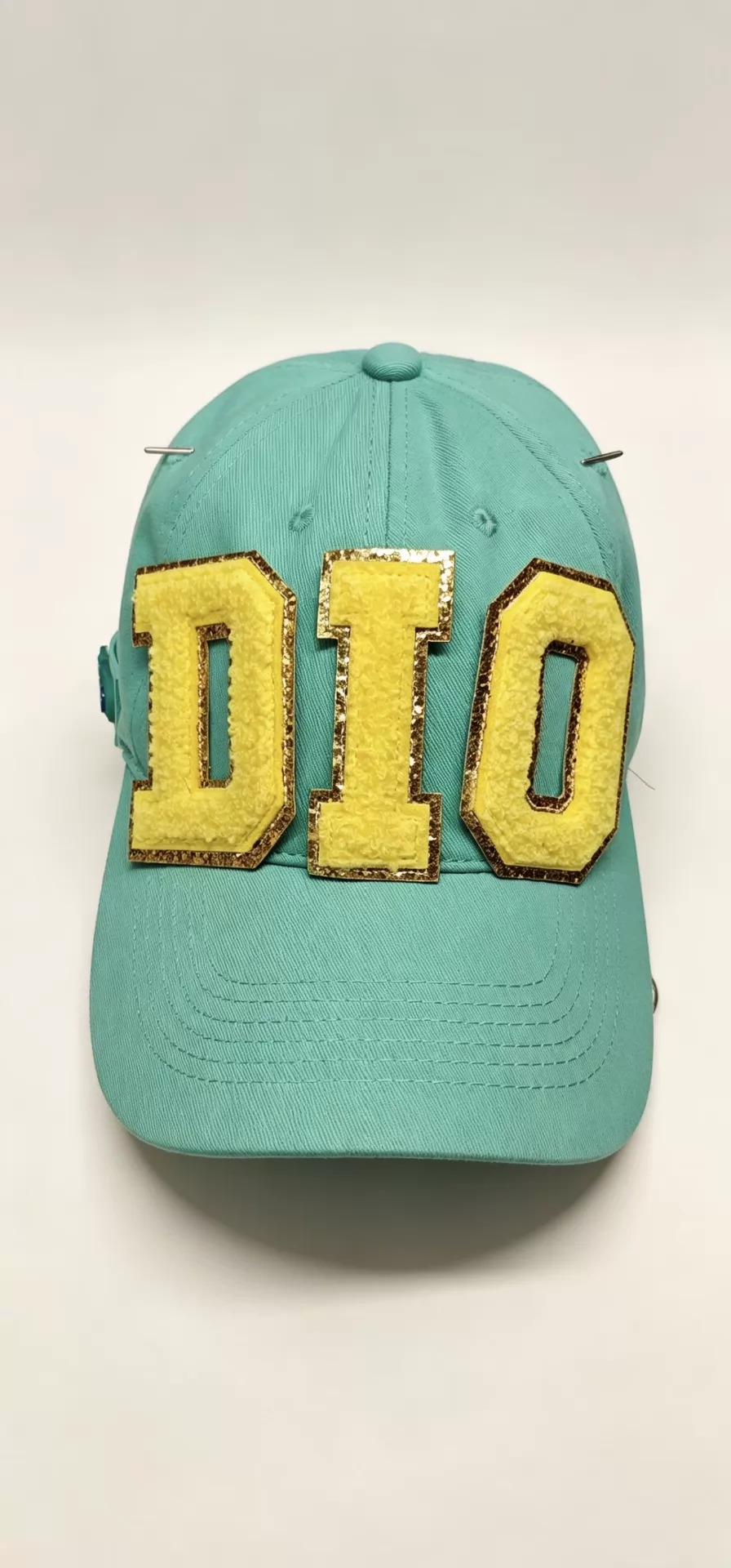 Turquoise Equestrian Jockey Cap with Gold "DIO" Lettering - SBR Inspired Cosplay Hat - Adjustable Rope Strap - Daily Wear Anime Accessory