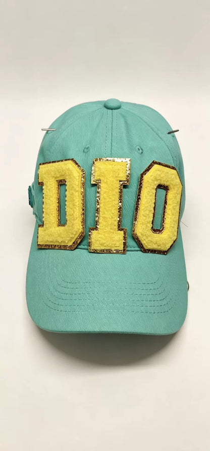 Turquoise Equestrian Jockey Cap with Gold "DIO" Lettering - SBR Inspired Cosplay Hat - Adjustable Rope Strap - Daily Wear Anime Accessory