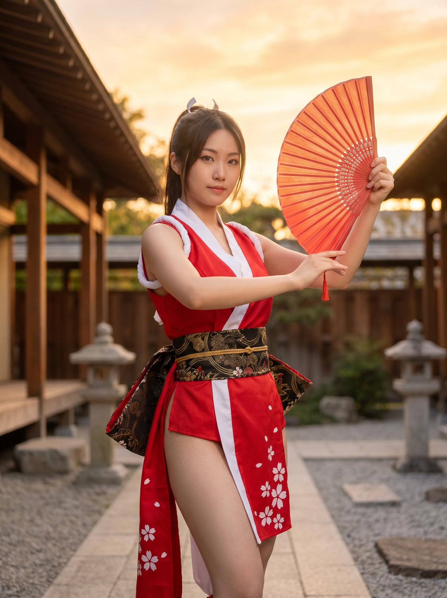 Mai Shiranui Cosplay Costume, King of Fighters Full Set, KOF Mai Outfit, Red Kimono, Folding Fan Included, Anime Expo