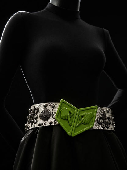 SBR Steel Ball Run Premium PU Leather Belt, White Green Outlaw Executioner Waistband with Hand Buckle, Professional Cosplay Prop