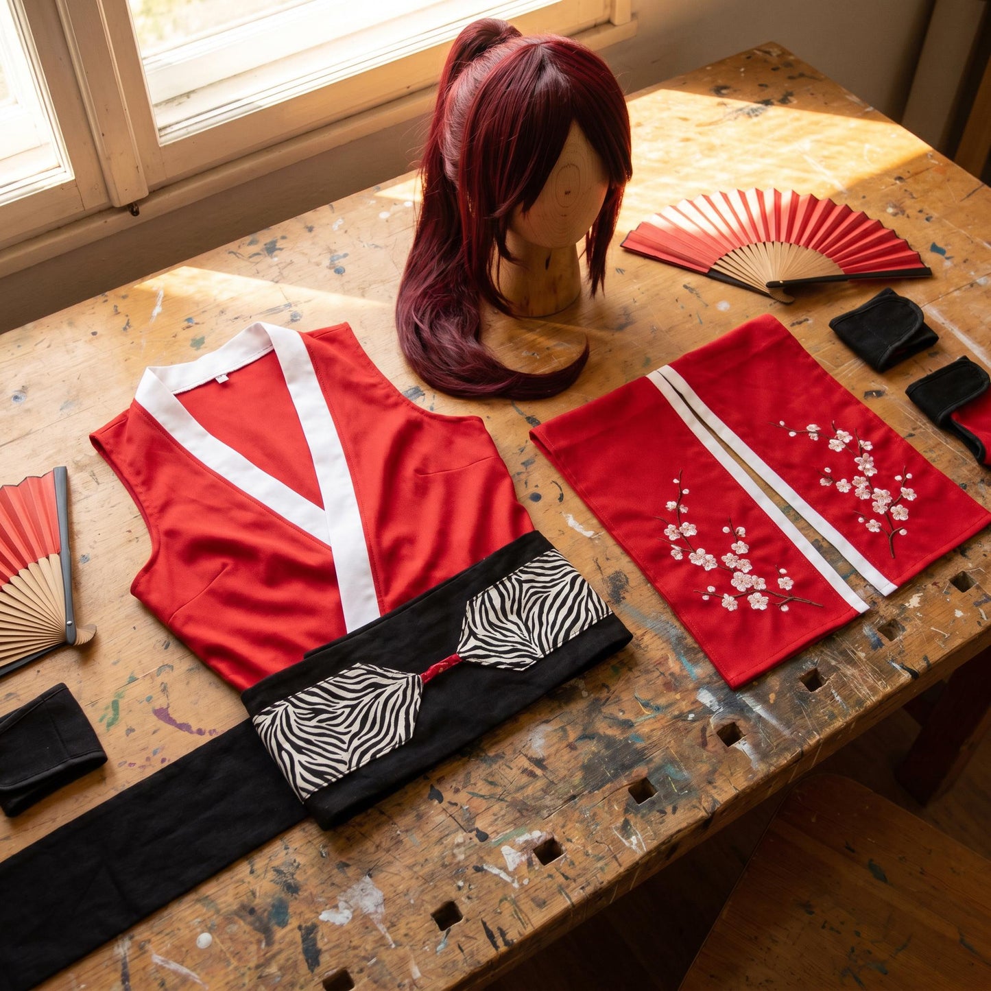 Mai Shiranui Cosplay Costume, King of Fighters Full Set, KOF Mai Outfit, Red Kimono, Folding Fan Included, Anime Expo