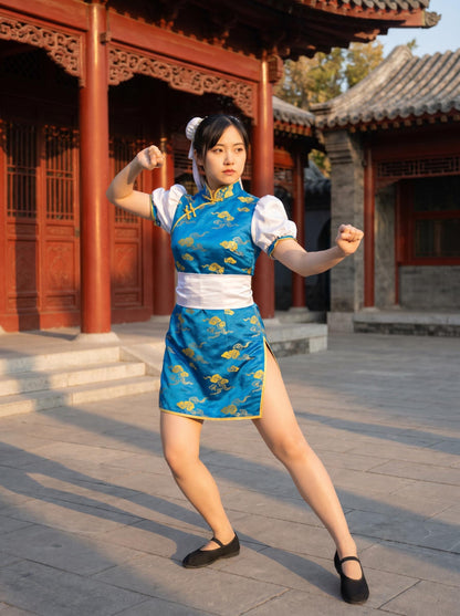 Chun-Li Cosplay Costume, Street Fighter Full Set, SF Chun-Li Outfit, Blue Qipao, Anime Expo (Wig NOT included)
