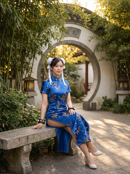 Chun-Li Cosplay Costume, Street Fighter Full Set, SF Chun-Li Outfit, Blue Qipao, Anime Expo (Wig NOT included)