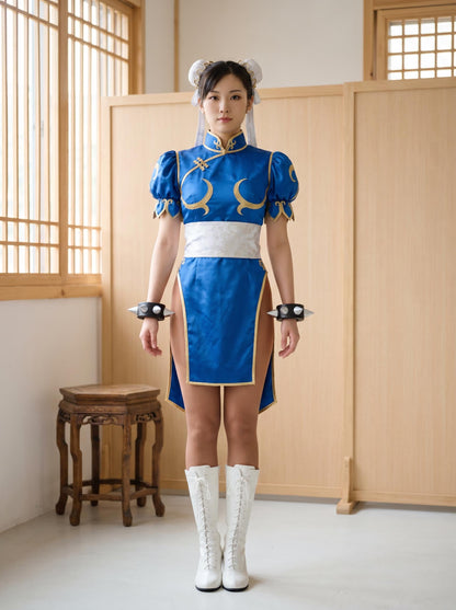 Chun-Li Cosplay Costume, Street Fighter Full Set, SF Chun-Li Outfit, Blue Qipao, Anime Expo (Wig NOT included)