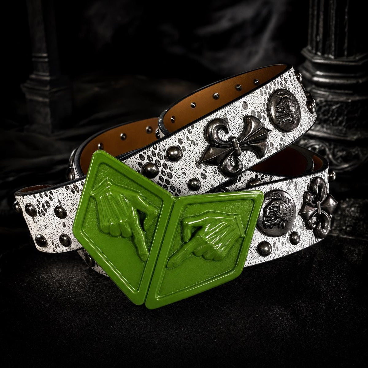 SBR Steel Ball Run Premium PU Leather Belt, White Green Outlaw Executioner Waistband with Hand Buckle, Professional Cosplay Prop
