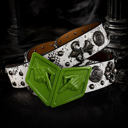 SBR Steel Ball Run Premium PU Leather Belt, White Green Outlaw Executioner Waistband with Hand Buckle, Professional Cosplay Prop