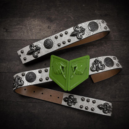 SBR Steel Ball Run Premium PU Leather Belt, White Green Outlaw Executioner Waistband with Hand Buckle, Professional Cosplay Prop