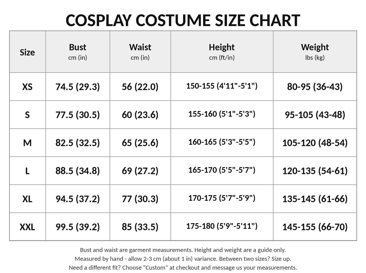 Chun-Li cosplay costume size chart - bust, waist, height and weight in cm and inches for XS to XXL