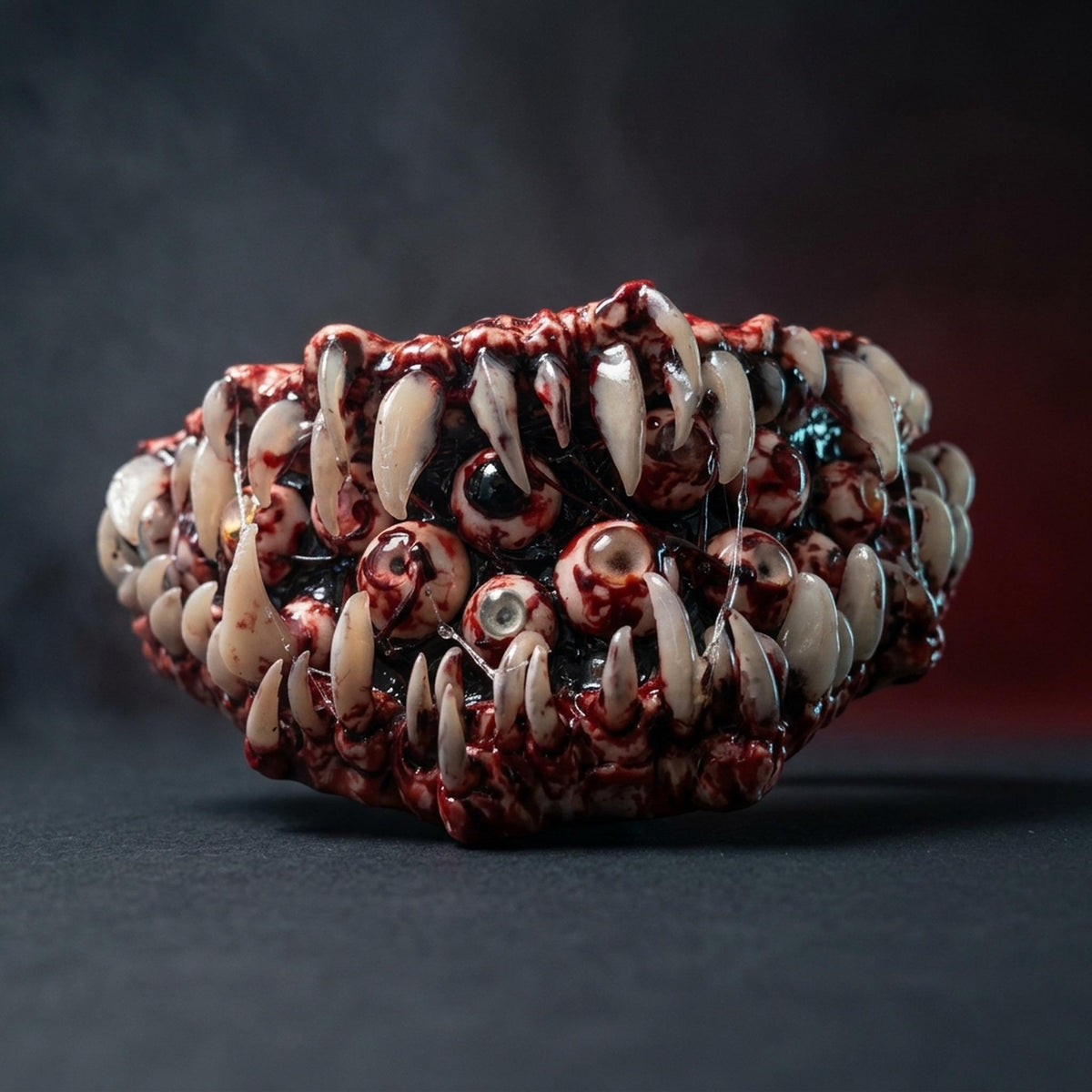 Monster fang face mask with resin teeth and eyeballs, front view