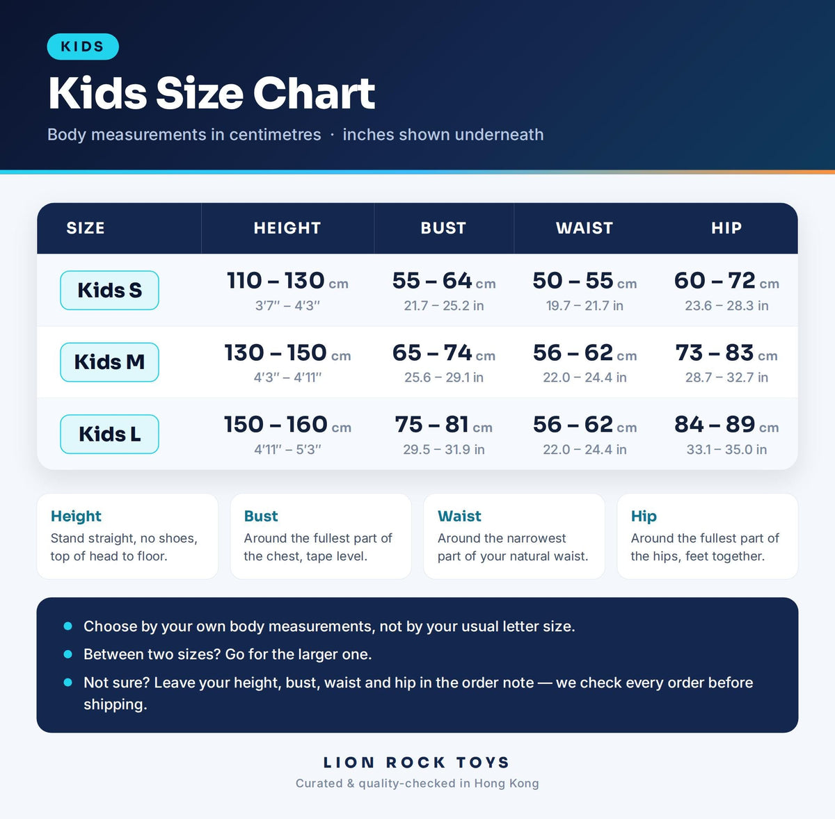 Kids size chart in cm and inches - Kids S, M, L