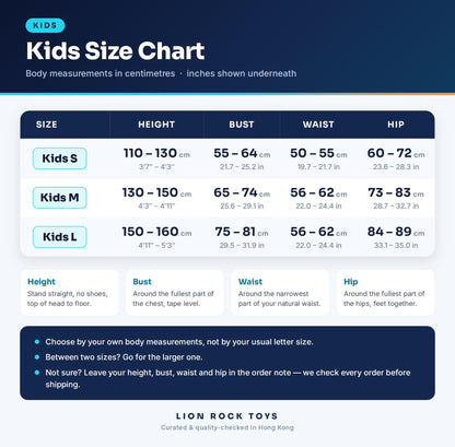 Kids size chart in cm and inches - Kids S, M, L