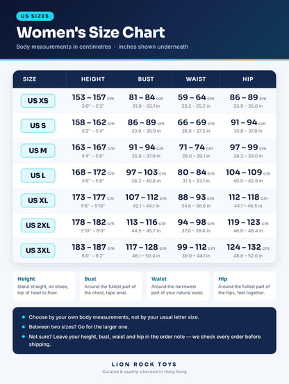 Women's US size chart in cm and inches - US XS to US 3XL