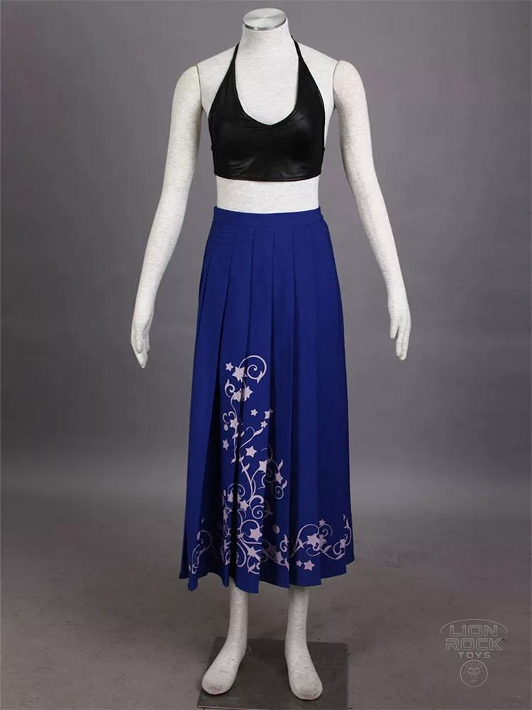 Black inner halter top and blue pleated skirt