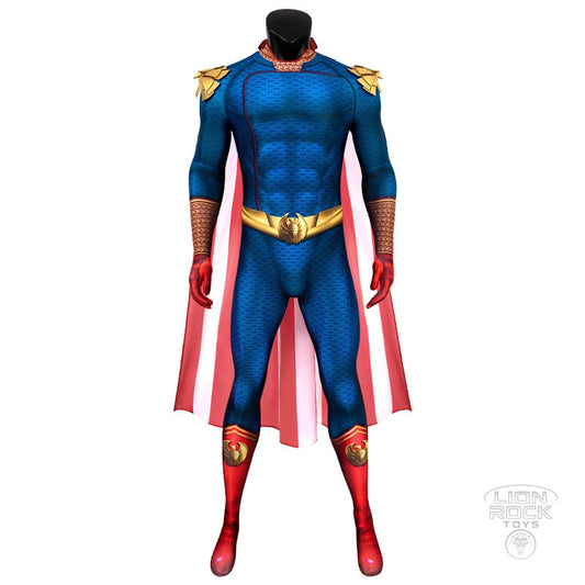 Patriot superhero cosplay bodysuit with flag cape - front view