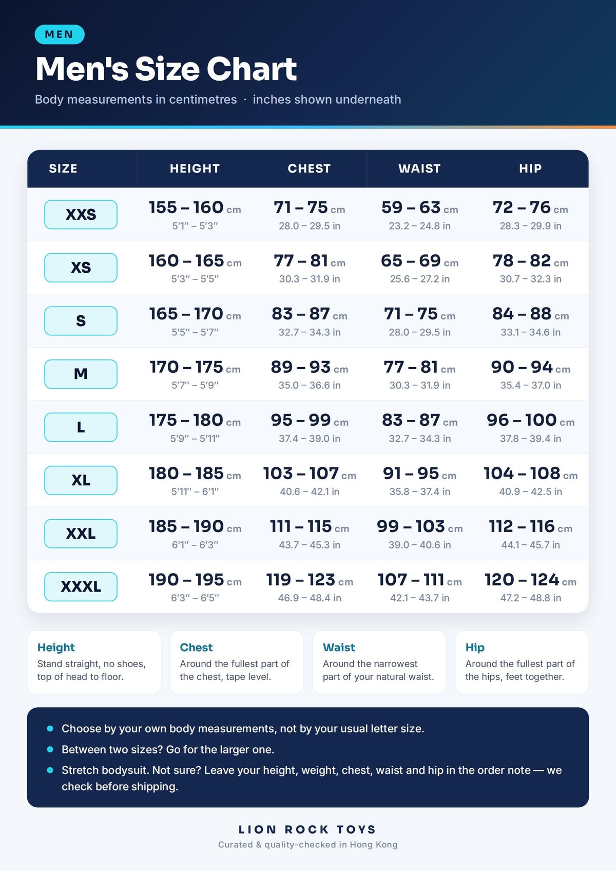 Men's size chart in cm and inches