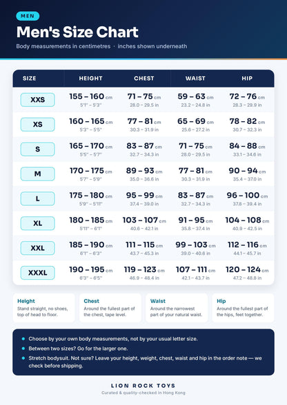 Men's size chart in cm and inches