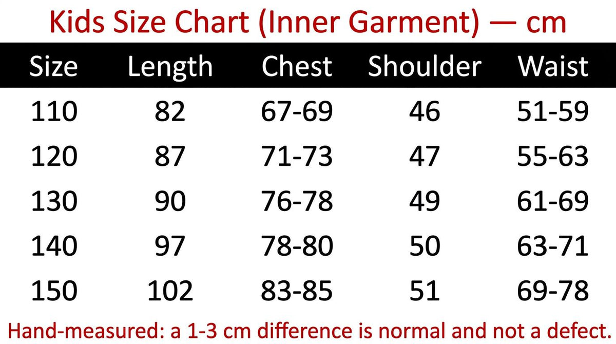 Kids size chart (cm)