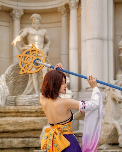 Summoner kimono cosplay set worn by a cosplayer - back view with obi bow