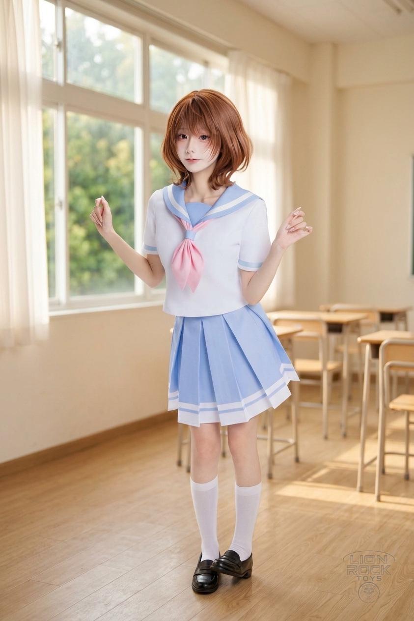 Blue and white sailor school uniform cosplay set - front view in classroom