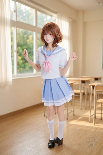 Blue and white sailor school uniform cosplay set - front view in classroom