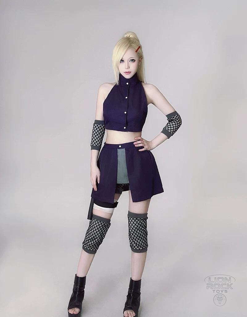 Purple kunoichi cosplay set - crop top, layered skirt, mesh arm and leg sleeves