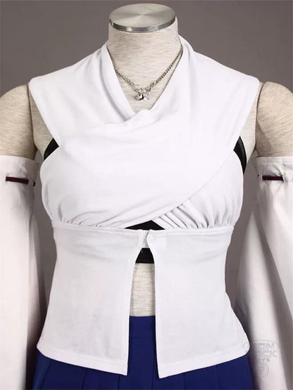 White wrap top with necklace - close up