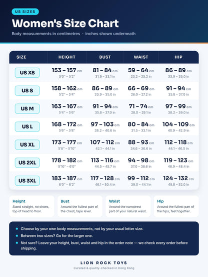 Women's US size chart in cm and inches - US XS to US 3XL