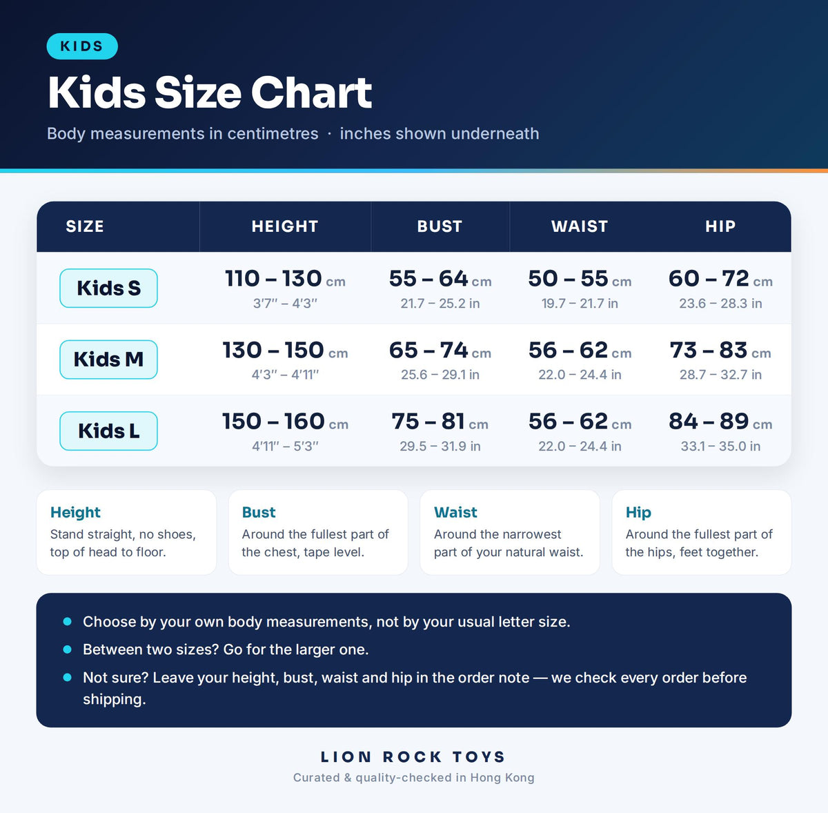 Kids size chart in cm and inches - Kids S, M, L