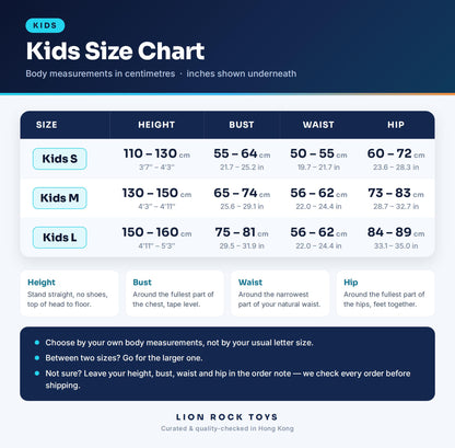 Kids size chart in cm and inches - Kids S, M, L
