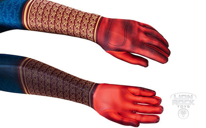 Attached red gloves with patterned cuffs