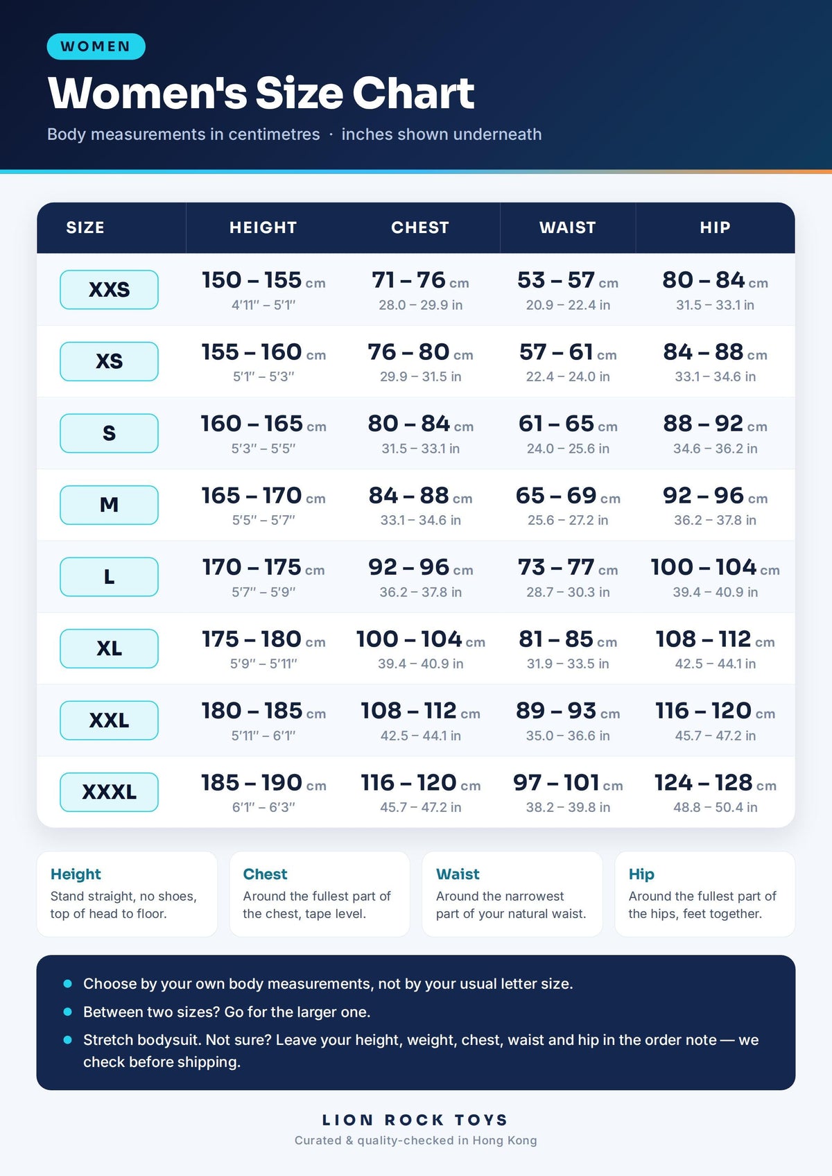 Women's size chart in cm and inches