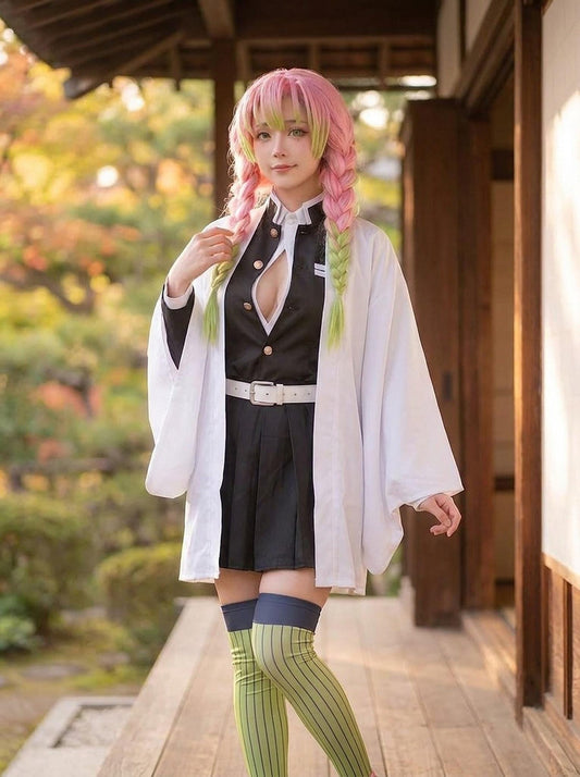 Cosplay set worn on Japanese veranda - white haori, black uniform, white belt, wig included
