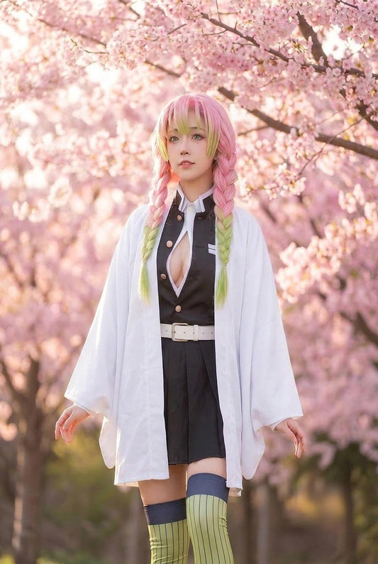 Love swordswoman cosplay set with pink green braided wig - plain white haori, white belt, cherry blossoms