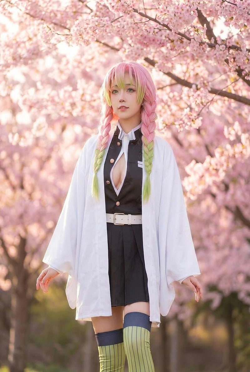 Love swordswoman cosplay set with pink green braided wig - plain white haori, white belt, cherry blossoms