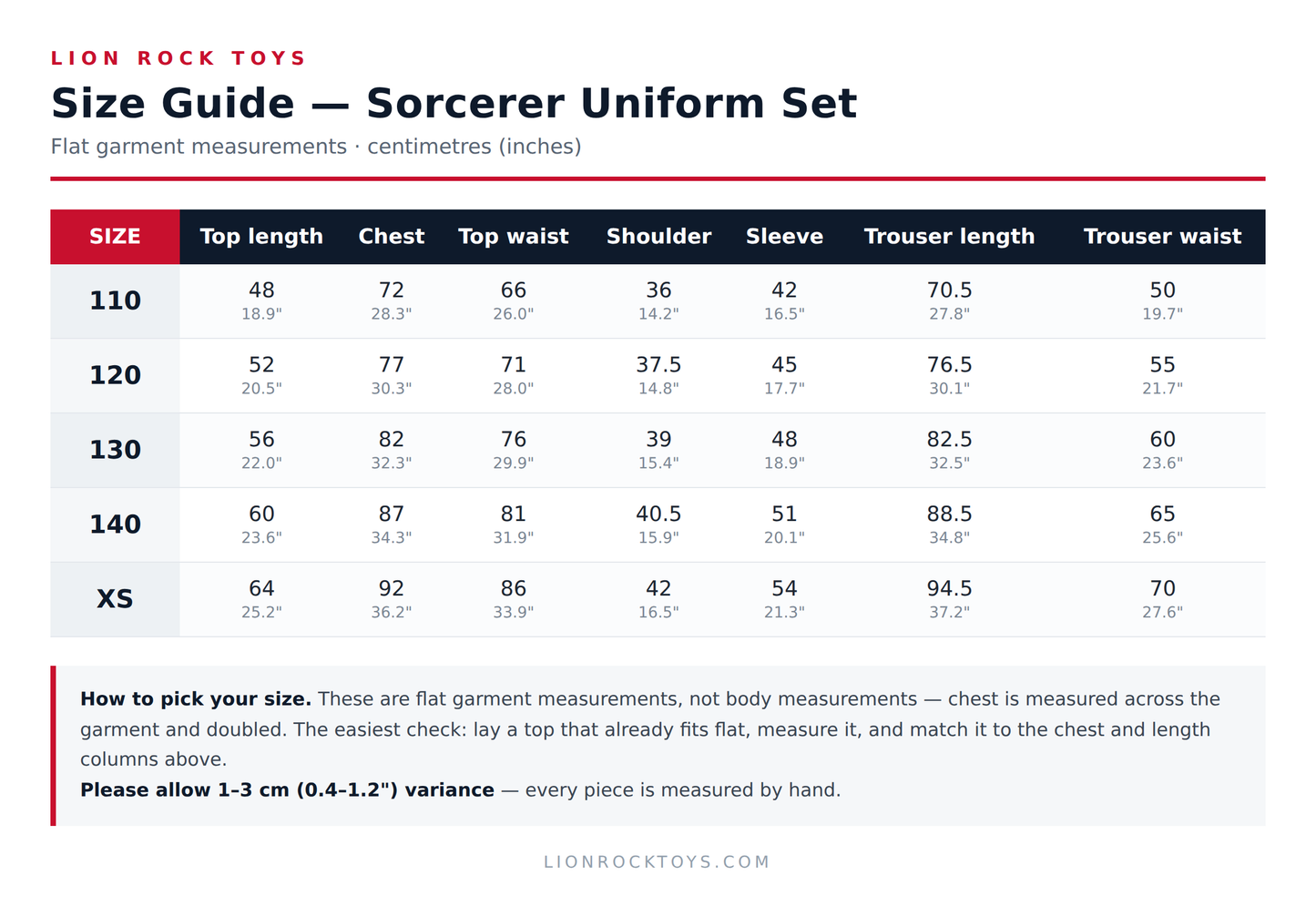 Size guide - flat garment measurements in cm and inches for sizes 110 to 140 and XS