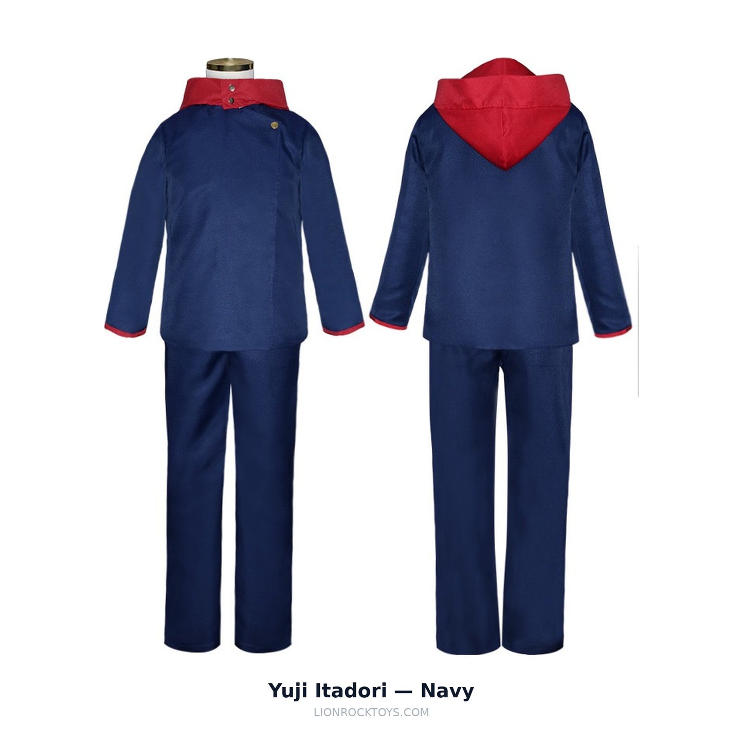 Yuji Itadori cosplay uniform navy - red hood and cuff trim, front and back