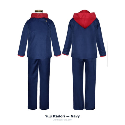 Yuji Itadori cosplay uniform navy - red hood and cuff trim, front and back