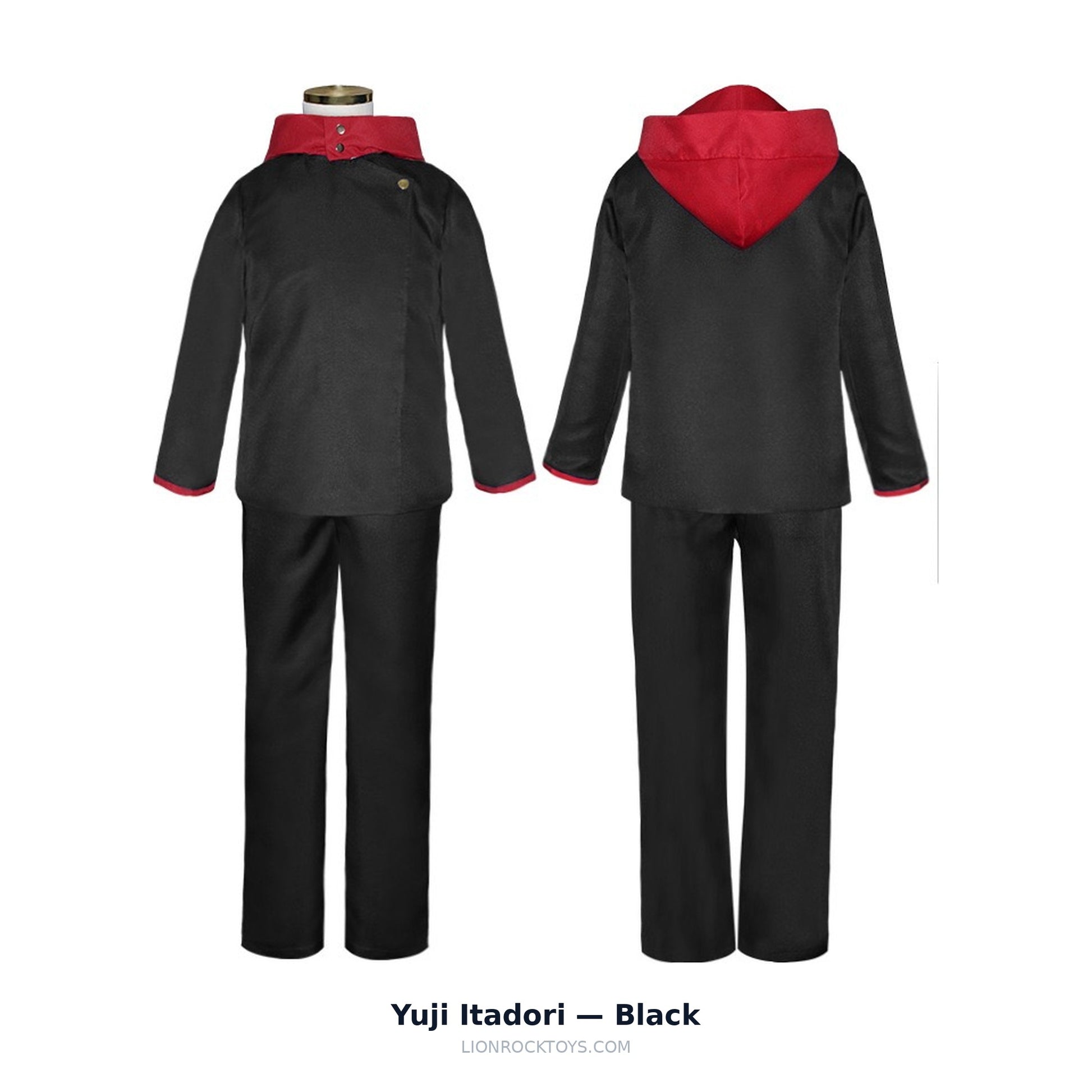 Yuji Itadori cosplay uniform black - red hood and cuff trim, front and back