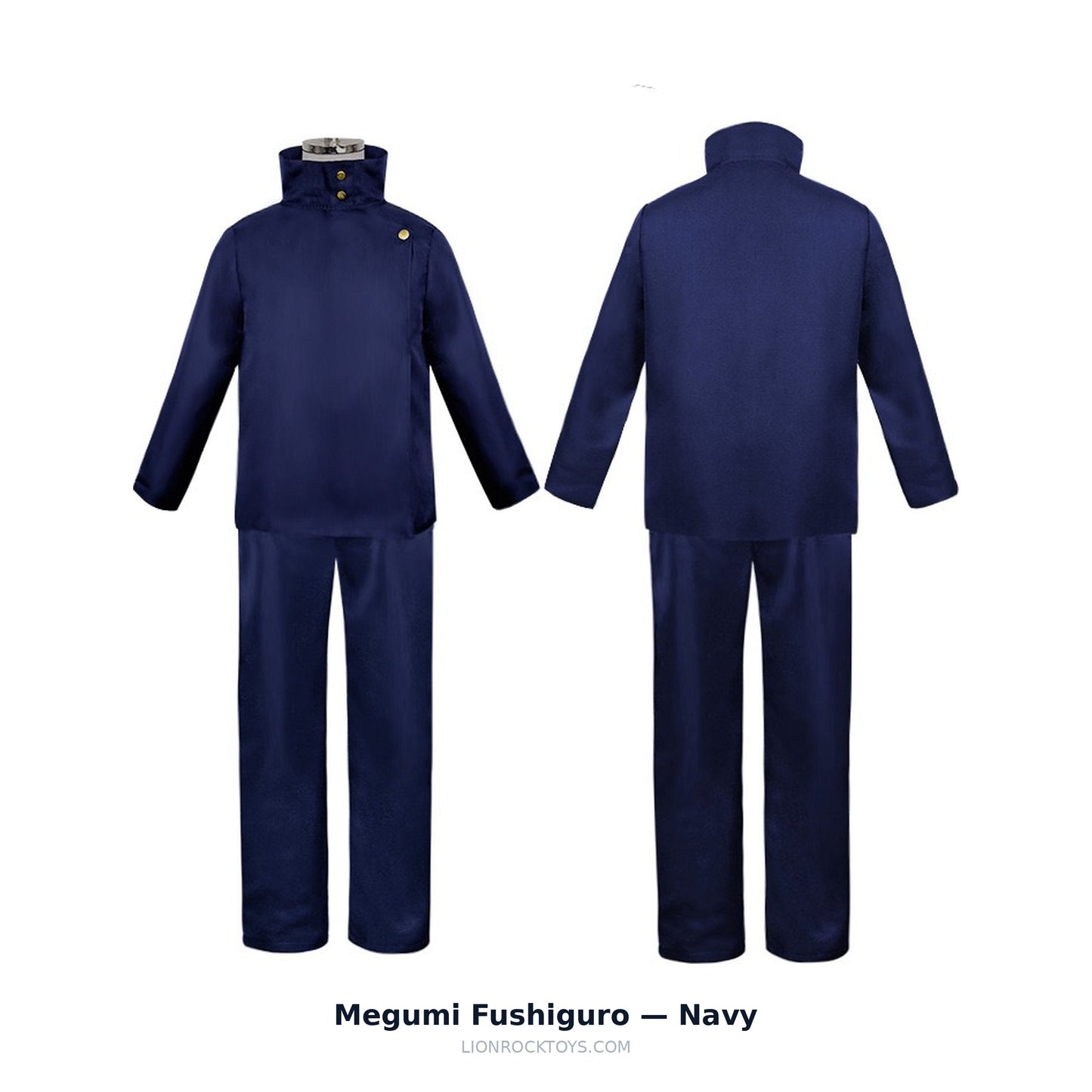 Megumi Fushiguro cosplay uniform navy - gold button stand collar, front and back