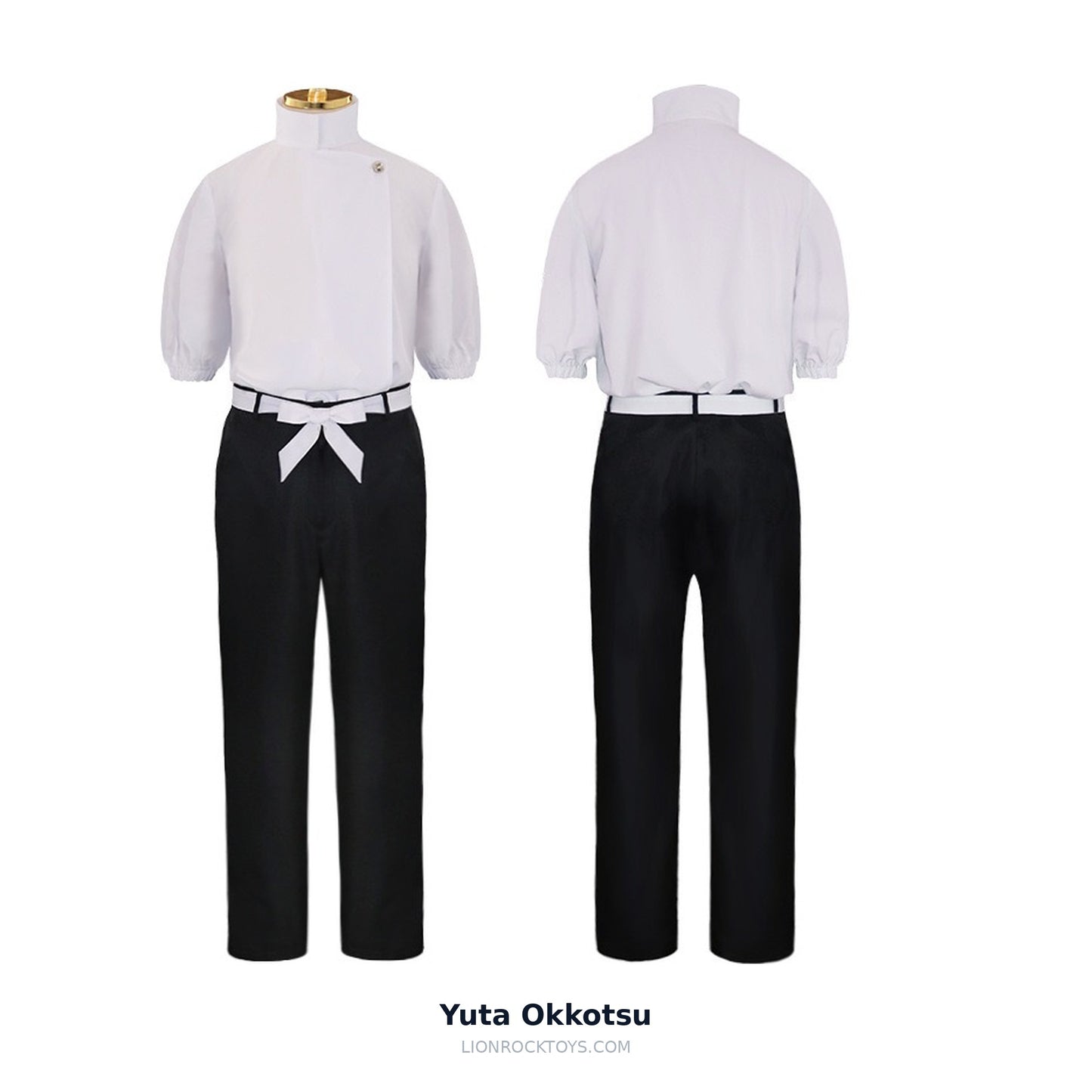 Yuta Okkotsu cosplay uniform - white top, black trousers and white belt, front and back