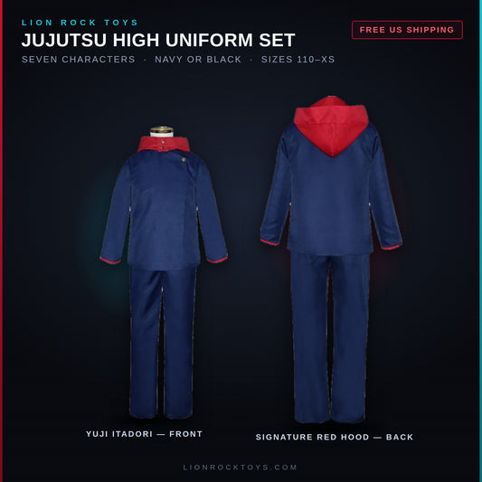 Jujutsu High uniform set - Yuji Itadori navy front and back with signature red hood