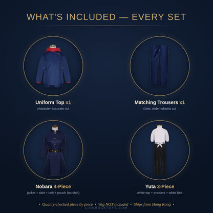 What's included in every set - uniform top and trousers, Nobara 4-piece, Yuta 3-piece, wig not included