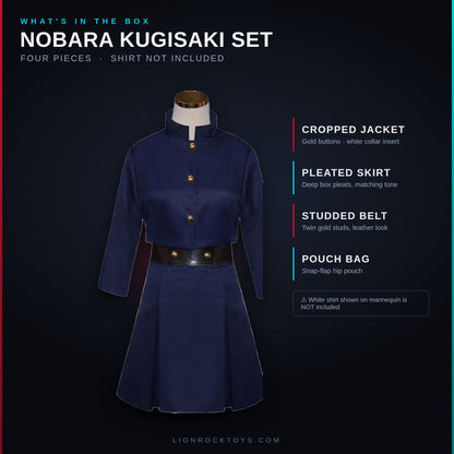 Nobara Kugisaki four-piece set breakdown - jacket, pleated skirt, studded belt, pouch bag, shirt not included