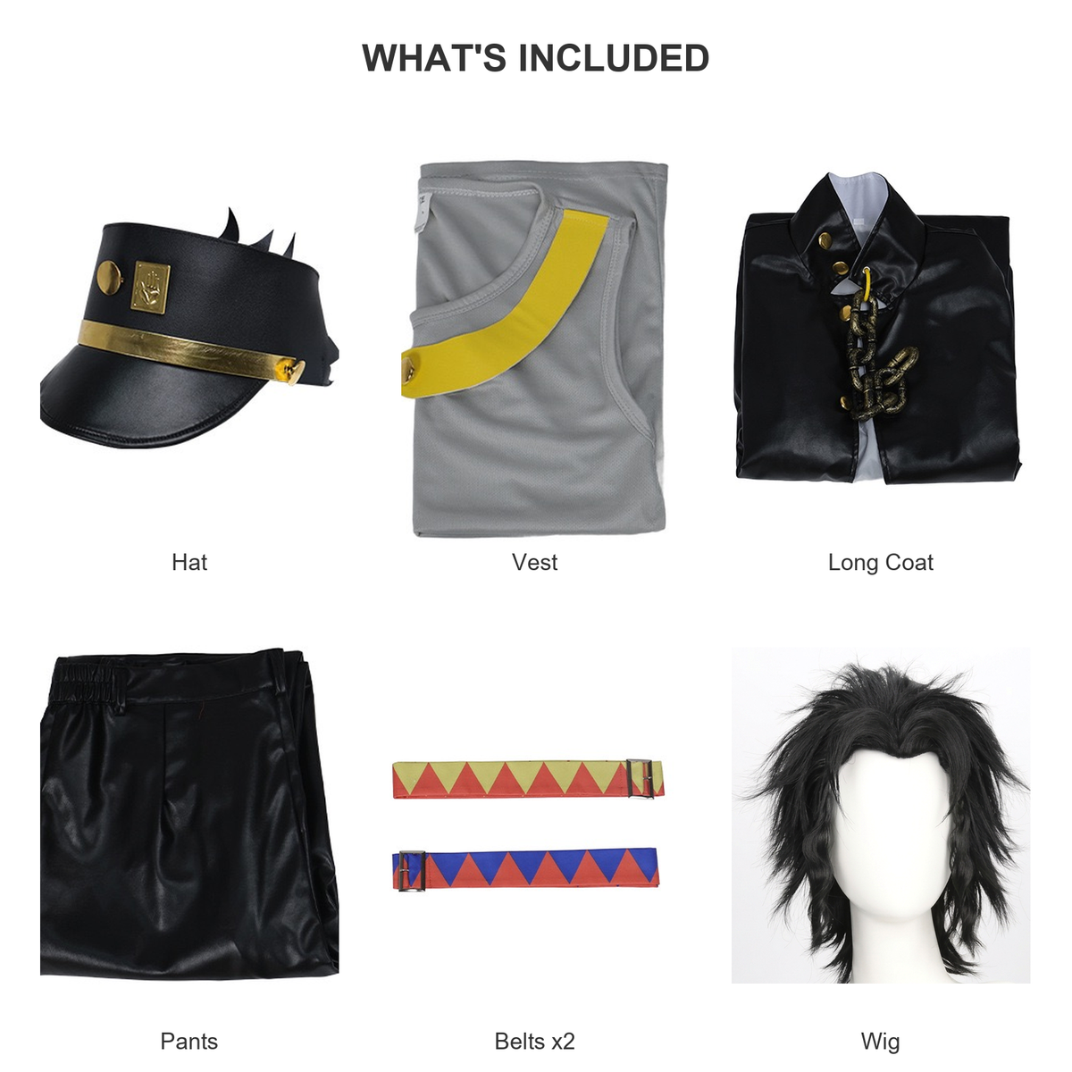 What's included: hat, vest, long coat, pants, two belts and wig