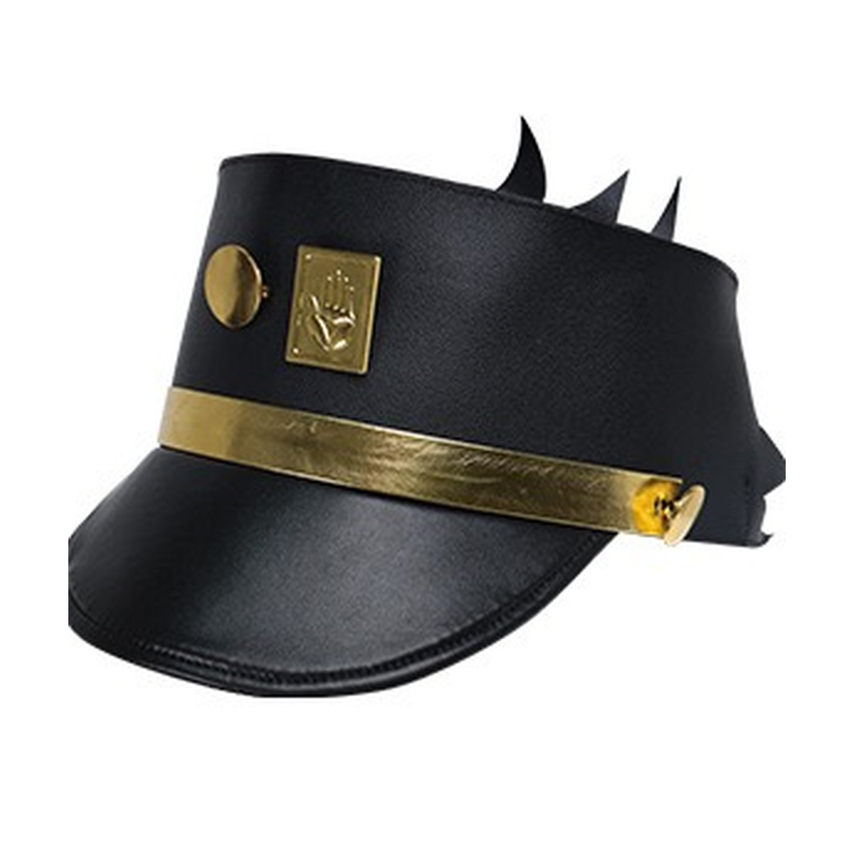 Close-up of the peaked cap with gold band and ornament